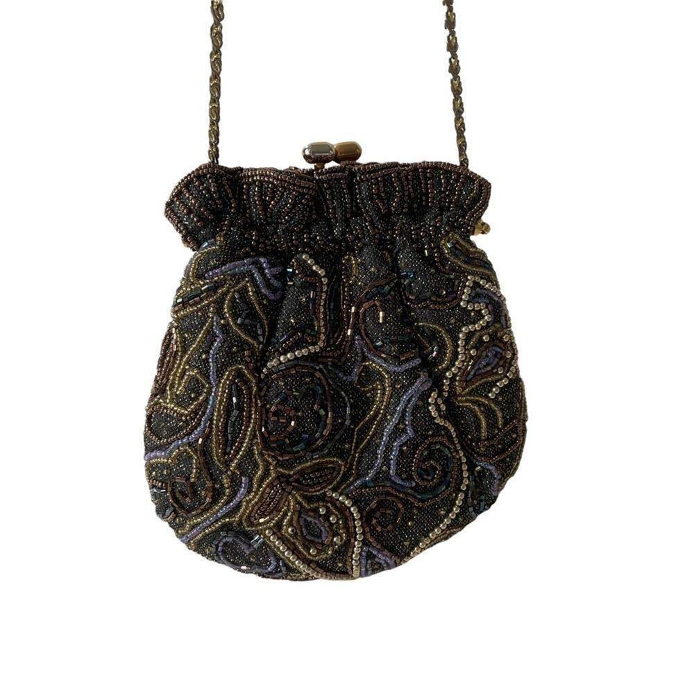 Vintage 1980s Beaded Evening Bag Kisslock Chain Strap Brown Purple Gold EUC - Picture 12 of 12
